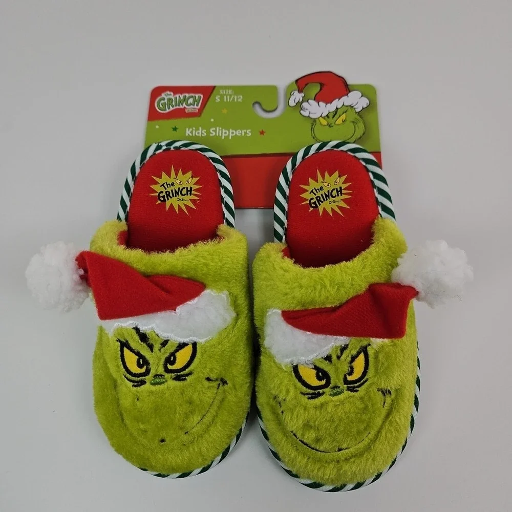 The Grinch Santa Hat Christmas Holiday Kids Slippers Small Size 11/12‎ New